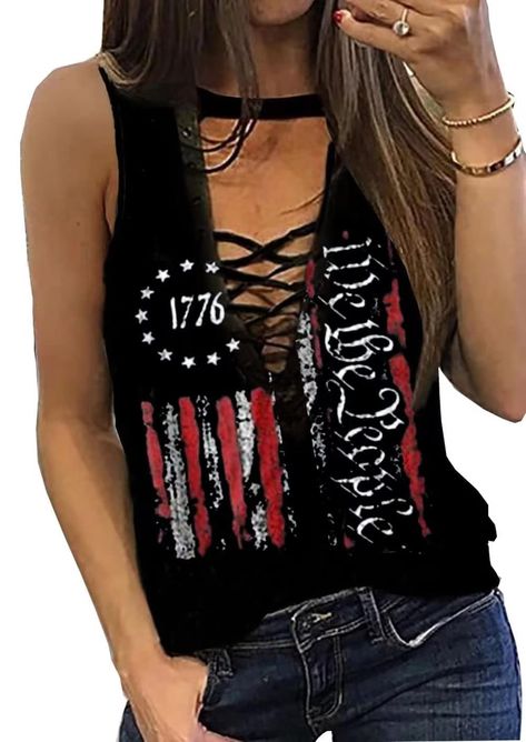 PRICES MAY VARY. Collar Style: Collarless Cut Tshirt Diy, Vacation Funny, Diy Cut Shirts, Lace Up Blouse, Patriotic Shirt, Usa Patriotic, American Flag Shirt, Patriotic Shirts, Cut Shirts