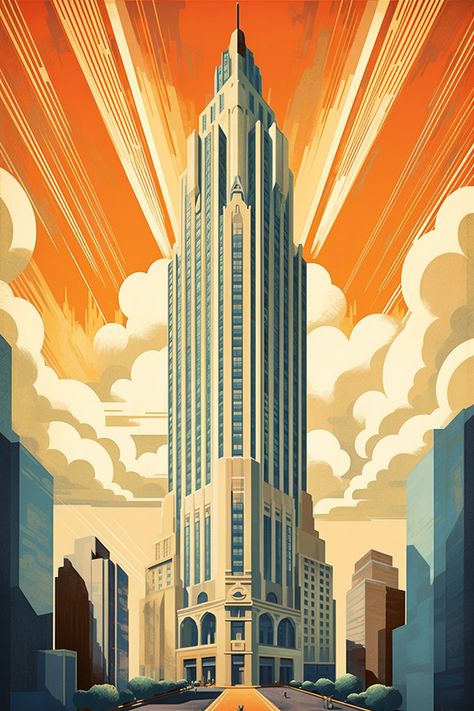 More MidJounrey prompt testing. Given my interest in the Art Deco form it was time i got to skyscapers as they're common subject in the style. Art Deco Skyscraper Concept, Art Deco Style Poster, Art Deco Nyc, Art Deco Building Illustration, Art Deco Artwork Paintings, 1920s Art Deco Posters, Art Deco Colours, Art Deco New York, Artdeco Art