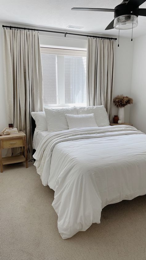 neutral bedding, bedroom curtains, bedroom design, guest bedroom design ideas Guest Room Inspo Minimalist, Plain Guest Bedroom, Guest Room With Carpet, Guest Bedroom Ideas On A Budget Simple, Basic Guest Bedroom, Guest Bedroom No Headboard, Minimal Guest Bedroom Ideas, Simple Small Guest Room Ideas, Small Guest Bedroom Ideas Cozy Simple