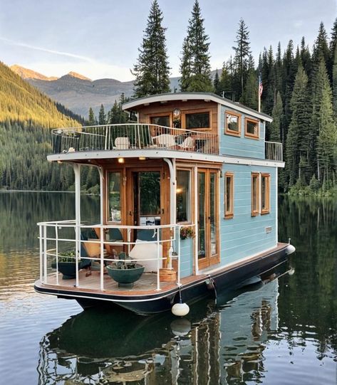 Tiny House Boat, Tiny Houseboat, Small Houseboats, Boathouse Design, Luxury Houseboats, Shanty Boat, Narrowboat Interiors, Boat House Interior, Houseboat Living