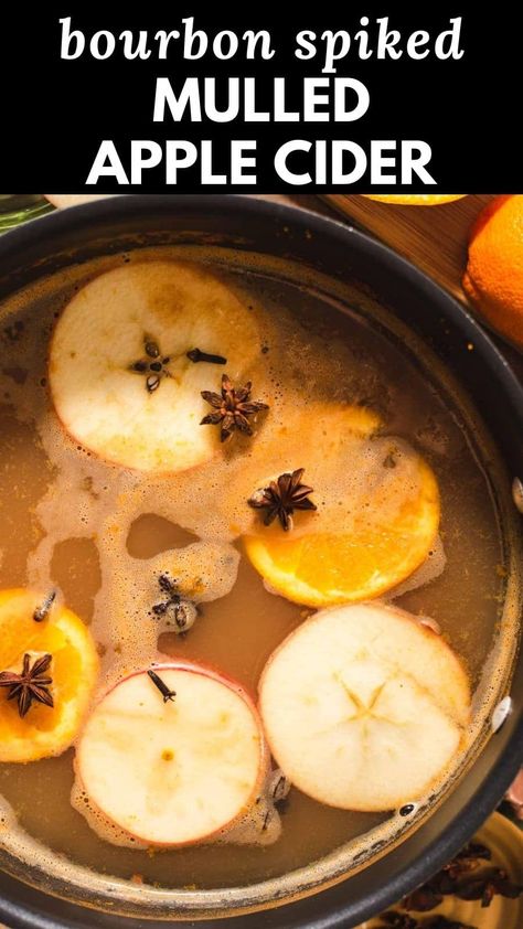 This hot apple cider is mulled with warming spices and spiked with bourbon for a cozy fall drink! It's ready in under 30 minutes and is perfect for fall gatherings. Hot Cider Recipe Spiked, Mulled Spiked Apple Cider, Hot Apple Cider Crock Pot Alcohol, Hot Apple Cider Bourbon Cocktail, Hot Bourbon Apple Cider, Mulled Cider Alcoholic, Warm Apple Cider Alcohol Drinks, Hot Apple Cider Alcohol Drinks, Spiked Hot Apple Cider Recipe