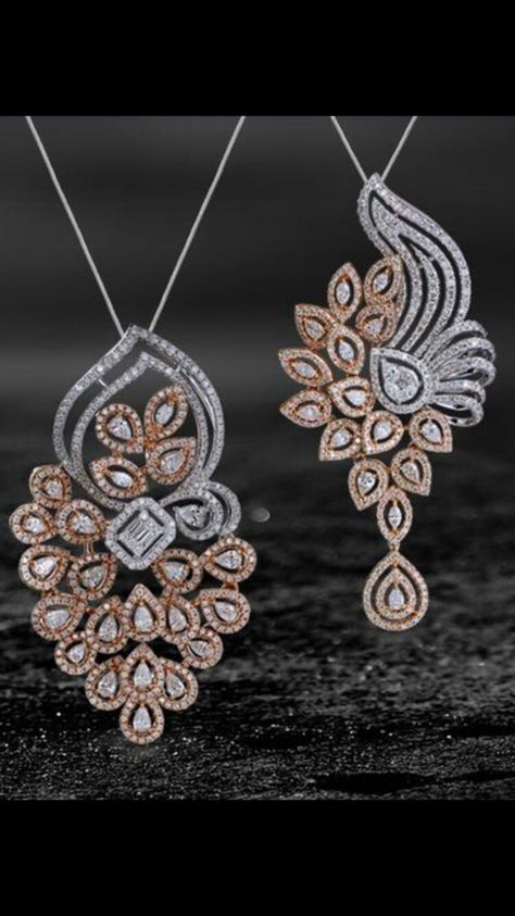 This beautiful diamond pendant set comes in 18 k gold. Set in rose and white gold, this intricate design is embedded with 'VVS clarity and EF color' diamonds. A perfect fit for all your festive wardrobe.. Gold Pendant Set Designs Modern, Pendent Set Diamond, Diamond Pendent Set Design, Big Diamond Pendant, Latest Diamond Pendant Sets, Pandent Design, Jewellery Design Gold, Pendent Designs, Pendent Design