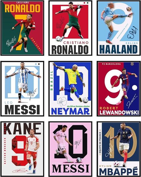 Amazon.com: BigWig Prints Soccer Poster - Soccer Posters For Boys Bedroom, Messi And Ronaldo Poster, Messi Posters For Boys Bedroom, Soccer Wall Art, Messi Wall Art, Ronaldo Posters - Unframed Set Of 9 (8x10”): Posters & Prints Ronaldo Bedroom Ideas, Football Room Decor Ideas, Diy Soccer Decor, Boy Soccer Bedroom, Boys Soccer Bedroom Ideas, Soccer Boys Room, Ronaldo Room, Soccer Bedroom For Boys, Messi Room