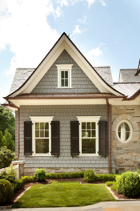 House With White Trim, Grey Exterior House Colors, Exterior Paint Schemes, Best Exterior Paint, Cedar Shake, House Paint Color Combination, Gray House, Window Trim Exterior, Exterior Stairs