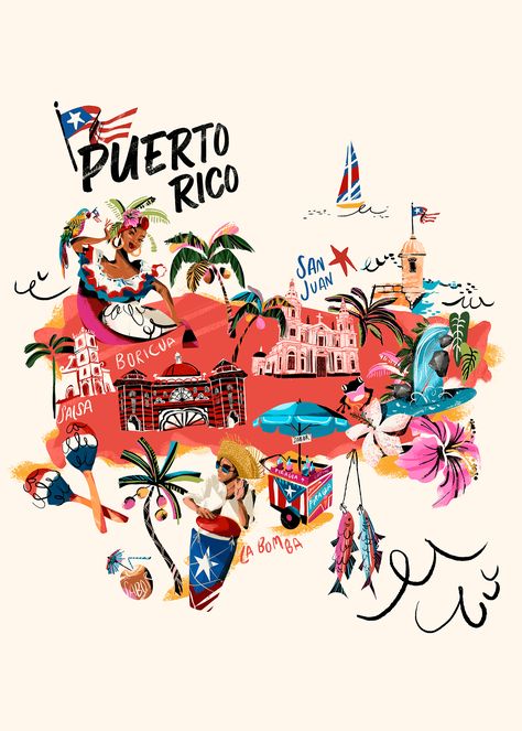 Puerto Rico Illustration Art, Puerto Rico Map Art, Puerto Rico Illustration, Puerto Rico Vibes, Trip Poster Design, Puerto Rican Aesthetic, Puerto Rico Wallpaper, Puerto Rico Culture, Puerto Rico Poster