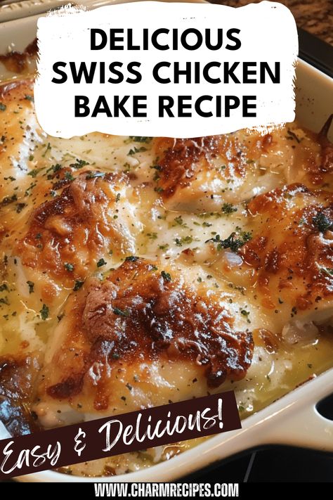 If you're looking for an easy and satisfying meal, try this Swiss Chicken Bake. You’ll enjoy tender chicken breasts topped with creamy Swiss cheese and delicious ingredients that melt in your mouth. Perfect for family dinners or potlucks, this Swiss Chicken Bake combines flavors like sweet peppers or mushrooms, making it a hit at any table. Plus, it’s a one-dish wonder that simplifies cleanup! Dig into comfort food with this savory recipe that is fast to prepare without compromising taste and quality. Meals With Swiss Cheese, Creamy Swiss Cheese Chicken Bake, Swiss Cheese Chicken Casserole, Baked Swiss Chicken, Swiss Chicken Recipe, Swiss Cheese Recipes Main Dishes, Chicken With Swiss Cheese Recipes, Creamy Swiss Chicken Bake, Chicken And Swiss Cheese Recipes