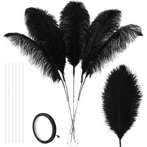 PRICES MAY VARY. 👉【Extra Large Ostrich Feathers Kit】: 10pcs 18-20 inches large ostrich feathers,10pcs 16 inches long iron wire,and a 10m same color tape all in a envelope,Unique design for a more luxurious experience 👉【Flexible Design】: The extensibility of iron wire endows feathers with the characteristic of free bending, and you can use them for various complex designs decor,fully unleash your extraordinary imagination 👉【Freely Extendable Length】:The attachment of the iron wire increases th Black Gold Masquerade Party, Black Ostrich Feathers, All Black Party Theme Decor, Black And Gold Centerpieces For Men, Gatsby Party Centerpieces, Black And Gold Party Decorations Classy, Black Reception Decor, Gatsby Themed Party Decorations, Black White And Gold Party