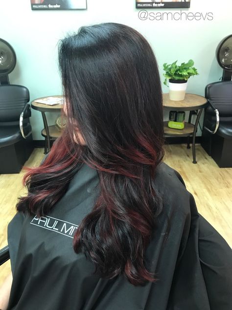 Mahogany On Black Hair, Straight Black Hair Color Ideas, Burgundy Lowlights In Black Hair, Black Hair With Red Highlights Layers, Burgundy Balayage On Black Hair Indian, Red Low Lights For Black Hair, Vibrant Red Hair Color With Highlights, Hair Streaks For Black Hair Indian, Asian Red Balayage