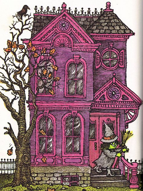 So cute!  #witch Pink and Purple Witch's House by estelle & ivy, via Flickr Pumpkin Spooky, Halloween Artwork, Vintage Witch, House Illustration, Halloween Illustration, Witch House, Spooky Scary, Theme Halloween, Halloween Inspiration