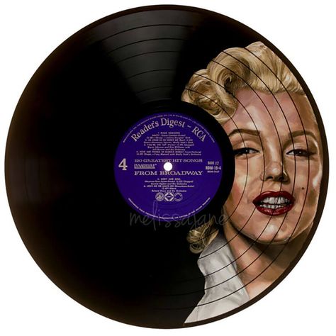 Marilyn Monroe. Celebrity Portrait Drawings On Used Vinyl Records. Click the image to see more of Melissa Jane's work. Vinyl Record Art Ideas, Marilyn Monroe Artwork, Arte Folk, Portrait Drawings, Vinyl Record Art, Cd Art, Record Art, Celebrity Portraits, A Level Art