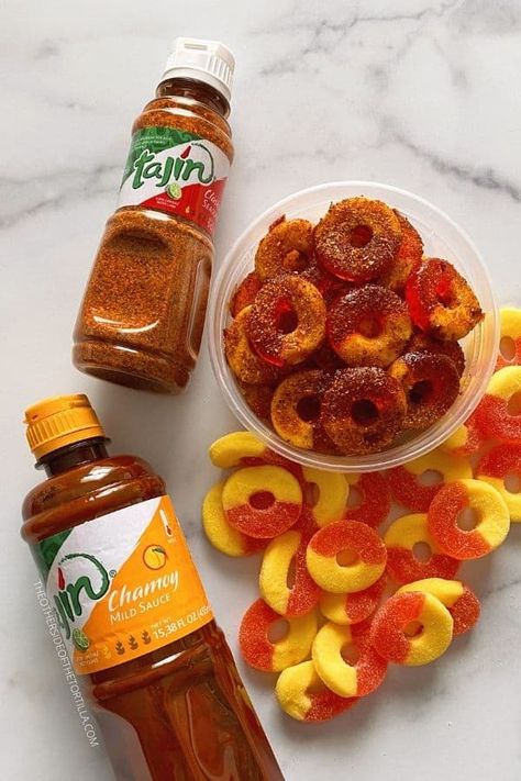 Chamoy Tajin Candy, Chamoy And Tajin Gushers Recipe, Gummies With Chamoy And Tajin, Mexican Gummy Candy, Chamoy Gummy Bears Recipe, Tajin Candy Recipes, Chamoy Recipe Ideas, Tajin Gummies, Mexican Candy Charcuterie Board