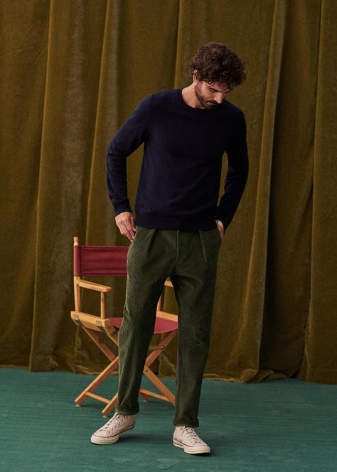 Agnel Cord Trousers - Green - Cotton - Sézane Olive Pants Outfit Men, Green Pants Outfit Men, Corduroy Trousers Outfit, Green Trousers Outfit, Trousers Outfit Men, Corduroy Pants Outfit, Khaki Pants Outfit, Green Pants Outfit, Corduroy Pants Men