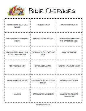 Free Printable Bible Charades Game. Free Printable Bible Charades Game to have fun with kids Bible at school, home or Church. A very easy Bible Charades Game to share with your kids or students. Just cut out the 18 charades cards and place them folded in a container. Then take turns drawing a paper from the container and act it Sunday School Games Elementary Bible Activities, Christian Pictionary Game, Fun Bible Games For Kids, Bible Who Am I Game, Church School Activities, Bible Games For Youth Free Printables, Bible Pictionary Ideas, Fun Sunday School Games, Bible Bingo For Kids Free Printable