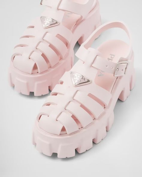 Alabaster Pink Foam rubber sandals | Prada Prada Monolith, Metallic High Heels, Chunky Platform Sandals, Prada Collection, T Strap Flats, Amazing Shoes, Fabric Pouch, Strappy Flats, Animal Print Shoes