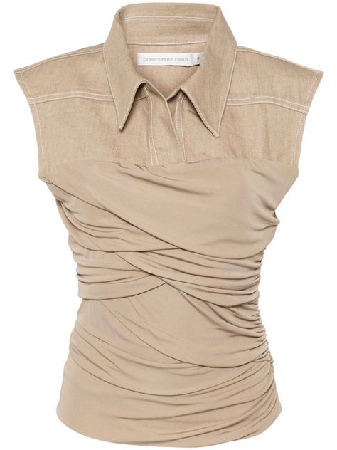 taupe brown classic collar V-neck ruched bodice concealed side zip fastening curved hem Classic Shirts Women, Moda Operandi 2024, Bodycon Tops, Corporate Attire, Corporate Fashion, Christopher Esber, Tan Top, Ruched Top, Ruched Bodice