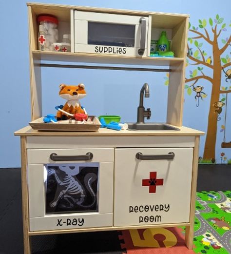 Classroom Vet Clinic, Ikea Kitchen Dramatic Play, Vet Play Center For Kids, Ikea Play Kitchen Ideas, Preschool Vet Clinic Dramatic Play, Kitchen Dramatic Play Preschool, Dramatic Play Vet Clinic, Kids Vet Clinic, Vet Pretend Play