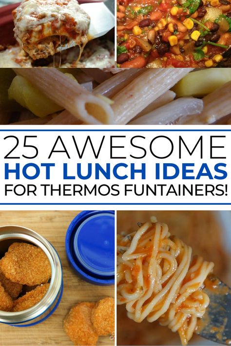 Ditch the boring sandwich and seriously up your school lunch game with a Thermos Funtainer! Check out these great lunch ideas including soup, stew and yes, even chicken nuggets. Who says you can't send a hot lunch to school with the kids? This post contains 25 tasty and easy ideas to pack in a Funtainer. Don't miss the comments section for more ideas and tips from readers! #thermos #lunch #lunchbox #school #backtoschool #mamacheaps Lunchbox Thermos Ideas, Cute Lunch Accessories, Police Lunch Ideas, How To Send Hot Lunches To School, Best Thermos For Kids School Lunch, Hot Lunch Thermos Ideas, Hot Food For School Lunch, Kindergarten Hot Lunch Ideas, Hot Lunch Ideas For Work Thermos