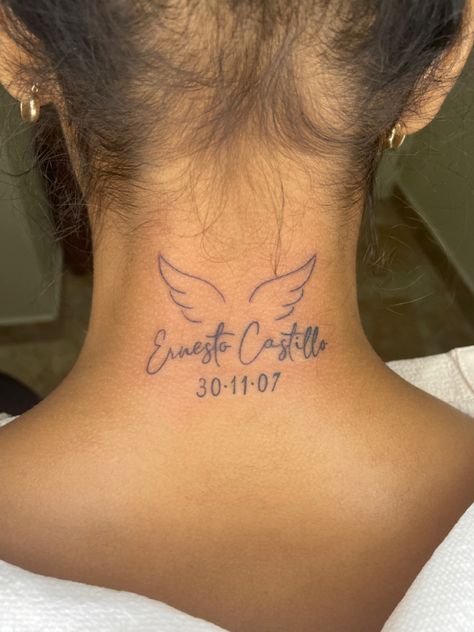 Tattoo wings death Name And Angel Wings Tattoo, Angel Wings And Date Tattoo, Loved Ones Name Tattoo, Name And Date Tattoos For Women, Name With Angel Wings Tattoo, Wings With Name Tattoo, Tattoo With Name And Date, Name With Wings Tattoo, Tattoo Ideas Angel Wings