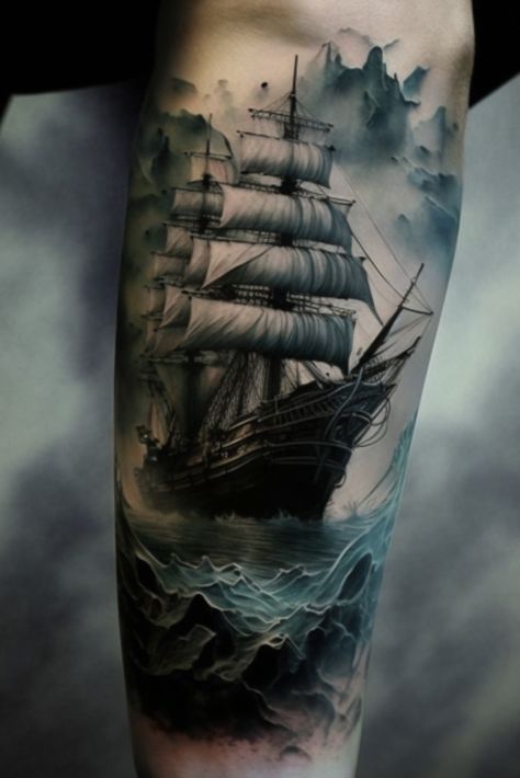 ship tattoos Tattoo Ship Pirate, Maritime Tattoo Sleeve, Greek Ship Tattoo, Ship Tattoo Women, Ship And Anchor Tattoo, Water Tattoo Men, Pirate Boat Tattoo, Shipwreck Tattoo, Ship Tattoo Ideas