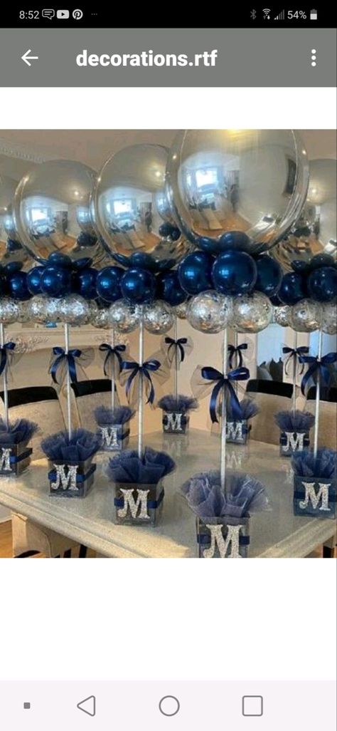 Navy Silver White Party Decorations, Denim And White Birthday Theme, Silver And Blue Anniversary Decorations, Blue And White Birthday Centerpieces, Dark Blue And Silver Centerpieces, Navy Blue And Black Birthday Party Decorations, Navy Blue Silver And White Party Decor, Blue And Grey Birthday Party Decorations, Dallas Cowboys Balloon Centerpieces