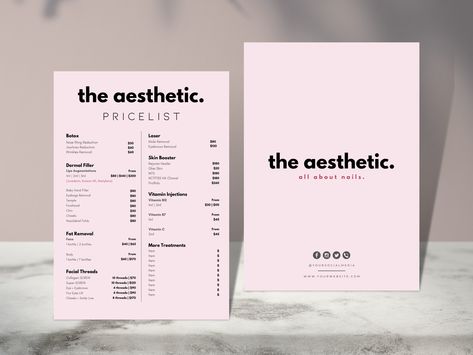 "Fully Editable Professional Price List Templates. These templates are designed by us using Canva. Canva is FREE and EASY to use! Simply edit text, change fonts and add your logo & details! How it works: 1. Purchase this listing 2. You will receive an email from Etsy with a link to your download. Alternatively, you can download from \"Purchases & Reviews\" 3. Download PDF and follow the Steps by Steps Guide in PDF to your template 4. Edit 5. DONE What You Will Receive: ★ Aesthetic Pricelist Temp Aesthetic Price List, Price List Design Templates, Clinic Branding, Botox Lips, Price List Design, Salon Price List, Esthetician Marketing, Graphic Design Brochure, Diy Aesthetic