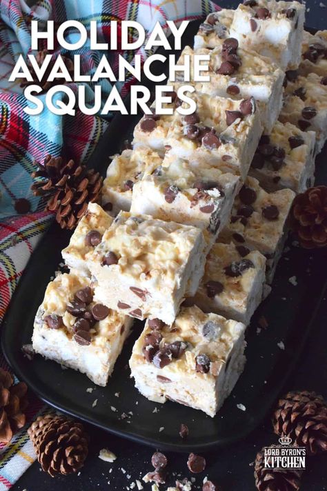 These no-bake treats are prepared with lots of white chocolate, creamy peanut butter, a few cups of rice cereal, and a good helping of marshmallows too. Holiday Avalanche Squares are absolutely delicious! The white chocolate is melted together with the peanut butter, and once cooled, the other ingredients are folded in to create these wonderfully high and cloudy-soft squares! #squares #bars #nobake #christmas #holiday #baking #cookies #chocolate Bars And Squares, Holiday Baking Cookies, Cookie Shop, Easy Christmas Treats, Christmas Baking Recipes, Sugar Cookie Bars, Christmas Cookie Exchange, Butter Rice, Rice Cereal