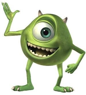 Mike Wazowski from Disney's 2001 animated movie, Monsters Inc, is a green monster with a ball-shaped body, a single big eyeball, and skinny arms and legs. He runs Sulley's station on the scare floor, and they are close friends and room mates. Mike has an outgoing personality and is dating Celia Mae. He makes cameo appearances in Finding Nemo, Cars, WALL-E and Toy Story 3. Mike Wazowski, Green Monster, Monsters Inc, Green, Monsters Inc.