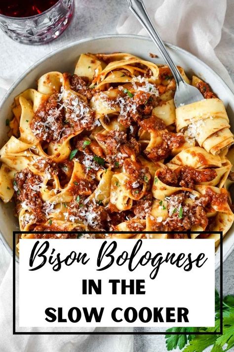 If you have never had bison before, this bison bolognese will be a pleasant surprise!! This delicious meat sauce is slow-cooked in the crockpot for that all-day, simmered taste. Served over pappardelle or your favorite pasta, it’s the ultimate bowl of comfort food! Bison Bolognese Recipe, Bison Crockpot Recipes, Bison Ragu, Bison Bolognese, Crockpot Spaghetti Sauce, Bison Meat, Meat Sauce Recipes, Bolognese Recipe, My Plate