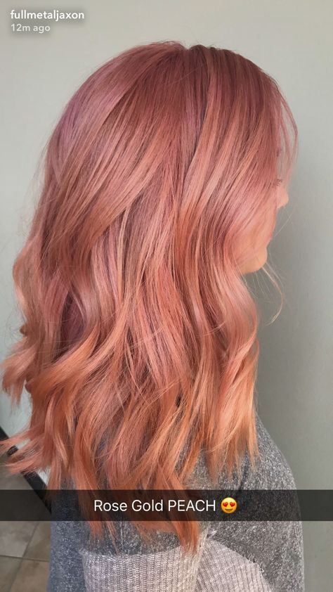 Strawberry Peach Hair Color, Copper Pink Balayage, Peach Coloured Hair, Coral Hair Dark Roots, Peachy Hair Color Rose Gold, Peachy Rose Gold Hair, Peach Pumpkin Hair Color, Peach Toned Hair, Rose Peach Hair