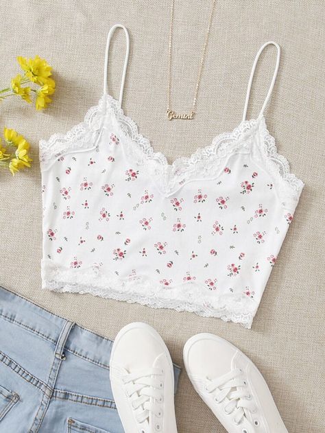 Free Returns ✓ Free Shipping On Orders $49+ ✓. SHEIN Ditsy Floral Lace Detail Crop Cami Top- Women Tank Tops & Camis at SHEIN. Cottagecore Top, Adrette Outfits, Crop Cami Top, Trendy Summer Outfits, Women Tank Tops, Crop Top Outfits, Cute Crop Tops, Tween Outfits, Simple Trendy Outfits