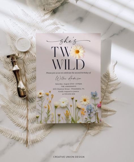 Everyone will love this beautiful editable wildflower birthday party invite template!  This design features an arrangement of realistic hand picked colorful flowers with modern elegant fonts. No special software required! Easy to edit and print! PLEASE NOTE: This purchase is for a digital template. No physical item will be shipped. * * * * * TRY BEFORE YOU BUY * * * * * https://www.corjl.com/d/66E276 * * * * * MATCHING ITEMS * * * * * Build Your Own Bundle and save 60% when you purchase 5 or mor Wild Flower Second Birthday, Wildflower 2nd Birthday Party, Two Wild Flower Birthday Party Girl, Second Birthday Invitation, Second Birthday Party Themes, Wildflower Party Theme, Birthday Party Invite Template, Wildflower Birthday Party, Wildflower Birthday