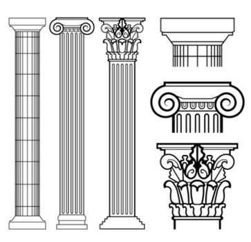 Technology/Construction Type - Columns played a large roll within Renaissance architecture as a architecture technique, specifically these three columns from the classical orders. The far left column is a doric column, as doric columns are more plain and square on top. The middle column is an ionic column as ionic columns have scrolled detailing. The far right column is a corinthian column, as corinthian columns are commonly a mix of corinthian with added floral-like details. Grecian Architecture, Ancient Greece Art, Starověký Egypt, Classic Column, Architecture Antique, Architectural Columns, Greek Columns, Greek Architecture, Greece Art