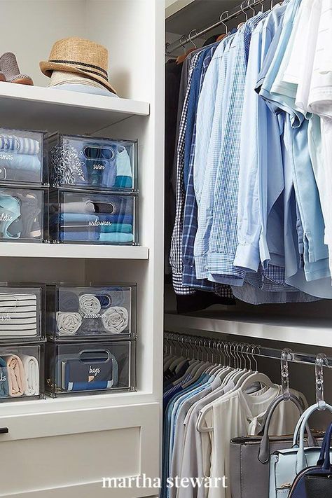 Expert Ben Soreff of House to Home Organizing suggests this system for clothes: Sort and review what you are keeping, make note of its seasonality, and then decide where it should live. He says to put out-of-season garments in clear bins and store them elsewhere, if not under the bed. #marthastewart #organization #declutteringtips #homedecorideas #details #storageideas House Reorganization, Container Store Organization, Closet Labels, Organiser Son Dressing, Pantry Space, Closet Pantry, Clutter Free Kitchen, Organization Design, Organized Closet