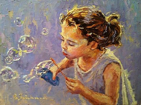 Childhood Drawings Art, Art About Childhood, Art With Bubbles, Blowing Bubbles Art, Girlhood Art, Childhood Painting, Painting Bubbles, Bubbles Painting, Oil Palette