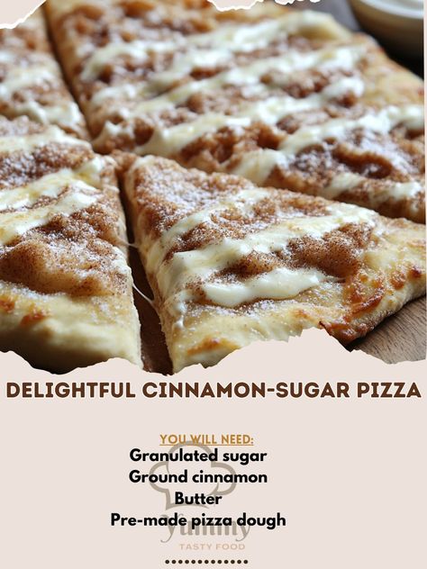 🍕 Indulge in this sweet and crunchy Delightful Cinnamon-Sugar Pizza—a treat that’s too delicious to resist! 😍✨ #SweetTooth #PizzaLovers Delightful Cinnamon-Sugar Pizza Ingredients: Pre-made pizza dough (1 sheet) Butter, melted (3 tbsp) Granulated sugar (1/4 cup) Ground cinnamon (1 tbsp) Cream cheese, softened (4 oz) Powdered sugar (1/2 cup) Vanilla extract (1 tsp) Instructions: Preheat oven to 400°F (200°C). Roll out pizza dough onto a baking sheet. Brush melted butter over the dough. Mix... Cinnamon Sugar Pizza Recipe, Cinnamon And Sugar Pizza, Pizza Dough Ideas Dessert, Cinnamon Roll Pizza Dessert, Cinnamon Rolls Pizza Dough, Pizza Dough Cinnamon Twists, Cinnamon-sugar Pizza Made With Crescent Rolls, Cinnamon Pizza Dessert, Desserts With Pizza Dough