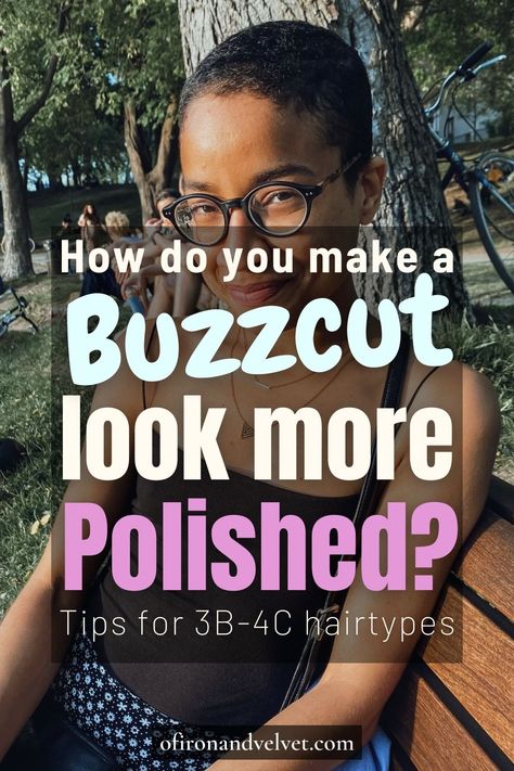 This super easy trick will make your buzz cut look more polished - Of Iron and Velvet Close Shave Haircut Women, Bald Haircuts For Black Women, Buzzcut Natural Hair, Black Shaved Hairstyles For Women, Ladies Buzzcut, Styling Bald Head Women, Shaved Haircuts For Black Women, Shaved Hair Women Black, Twa Pixie Short Natural Hair