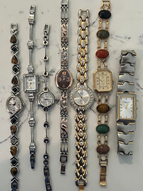 READ FIRST! Preloved Anne Klein, AVON, Badgley Mischka, Kenneth Cole, Brighton, and MORE wristwatches;  all vintage and refurbished. Elegant, dainty, and minimalistic. All water resistant and run great, but some may be low on battery. Price of each watch also takes into account all factors. If there are any questions please message me! Let's work out pricing -- I am very accommodating outside of Etsy. HOW TO ORDER - just add to cart and purchase! if there are any questions don't hesitate to reach out! TURN AROUND TIME - 3-5 days is the usual processing time for this product THANK YOU - thank you for stopping by our boutique! LET'S CONNECT! Linktree: https://linktr.ee/srinservices Instagram, Threads, & TikTok: @am.bijoutique Unique Gifts, Vintage Accessories Vintage Statement Pieces, Vintage Aesthetic Accessories, Popular Gifts For Women, Cool Watches Unique, Vintage Thrift Finds, Stuff I Want To Buy, Where To Get Jewelry, Thrift Accessories, Vintage Silver Jewelry Antiques