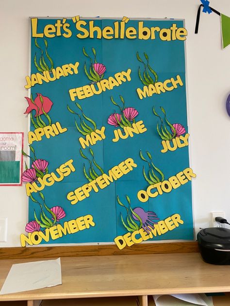 Shell Classroom Decor, Ocean Theme Classroom Birthday Bulletin, Undersea Classroom Theme, Ocean Birthday Bulletin Board, Work Anniversary Bulletin Board Ideas, Under The Sea Birthday Board Classroom, Finding Nemo Classroom Decorations, Ocean Theme Birthday Board, Classroom Birthday Wall Ideas