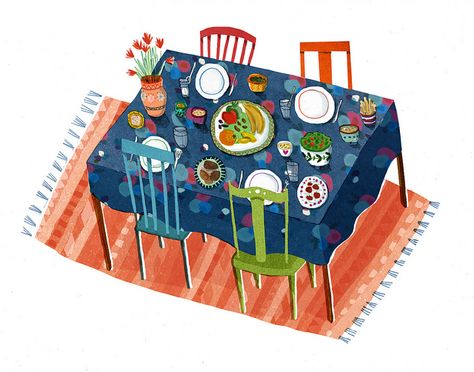 dinner table by Lizzy Stewart, via Flickr Lizzy Stewart, Animal Illustrations, Interior Illustration, Cartoon Painting, Illustration Food, Painted Table, Food Drawing, Cartoon Clip Art, Illustrations And Posters