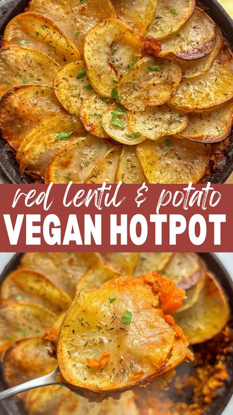 Easy vegan lentil and potato hotpot for a delicious low-calorie, cosy weeknight dinner. This vegan dinner recipe is made with a red lentil tomato ragu and layers of potato with vegan cheese, making it the perfect easy, healthy, no-fuss recipe that all the family will love. #vegandinner #veganrecipes Vegan Hotpot, Lentil And Potato, Mediterranean Meal Plan, Med Diet, Vegan Casserole, Vegan Main Dishes, Chickpea Curry, Tasty Vegetarian Recipes, Lentil Recipes