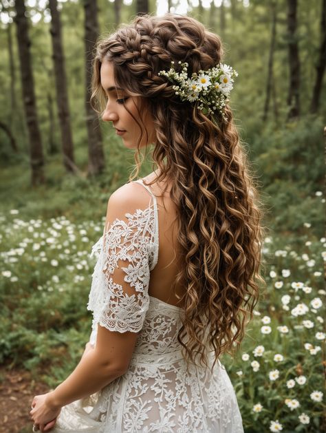 Wedding Hair For Hair That Doesnt Curl, Romantic Curly Hairstyles Wedding, Naturally Wavy Wedding Hairstyles, Wedding Hair Ideas For Curly Hair, Bride With Naturally Curly Hair, Tangled Inspired Wedding Hair, Bride Hair Down With Veil Long Curly, Half Up Half Down Curly Hairstyles Wedding, Half Up Half Down Curly Bridal Hair