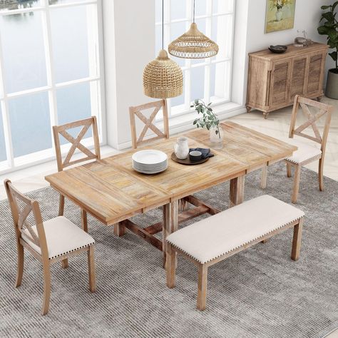 PRICES MAY VARY. 【Suitable for Multiple Styles】: Using solid wood as the main material, this dining table set presents a kind of reverence for the original, natural and mottled beauty. The design of this dining table set reflects the collision of tradition and popularity, and the combination of past and modern. In that case, this dining table set is suitable for concise style or retro industrial style or minimalism style. 【6 Piece Dining Table Set】:This dining table is not only fashionable, but Natural Dining Room, Retro Dining Table, Extendable Dining Table Set, Long Bench, Dining Furniture Sets, Kitchen Table Settings, Dining Table Set, Dining Room Bar, Table And Chair Sets