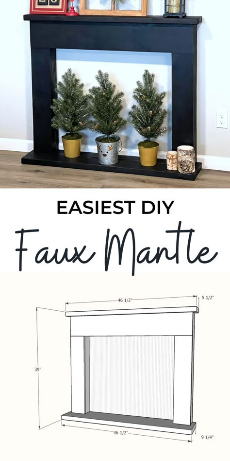 Diy Fireplace For Apartment, Diy Faux Fireplace Christmas, Diy Mantle Surround How To Build, How To Build A Fake Fireplace Mantel, Diy Faux Fireplace Mantle Easy, Faux Fireplace Mantle Diy, Diy Faux Wood Beams Fireplace Mantels, Easy Fake Fireplace Diy, Modern Farmhouse Faux Fireplace