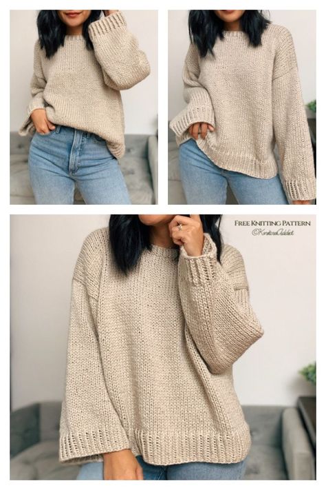 Easy Slouchy Sweater Free Knitting Pattern Slouchy Sweater Pattern, Chunky Knit Sweater Pattern Free, Oversize Sweater Knitting Pattern, Oversize Sweater Pattern, Knitting Jumper, Sweater Free Knitting Pattern, Chunky Knit Sweater Pattern, Slouchy Knit Sweater, Knitting Hacks