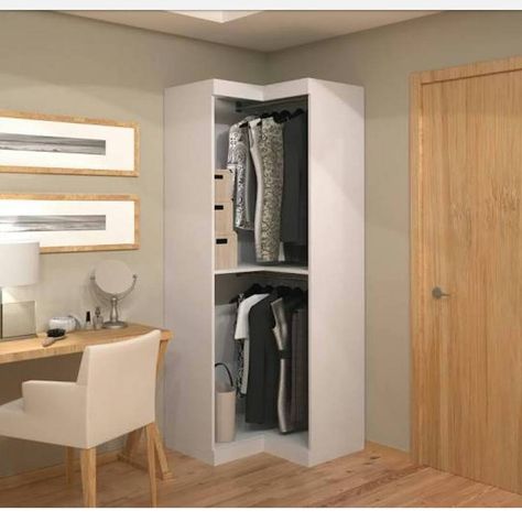 Small Space Living: Tips For Living in Small Homes & Apartments    |      Extra Space Storage Corner Closet Organizer, Corner Storage Unit, White Armoire, Corner Closet, Closet Planning, Corner Wardrobe, Small Bedroom Furniture, Hang Clothes, Open Closet