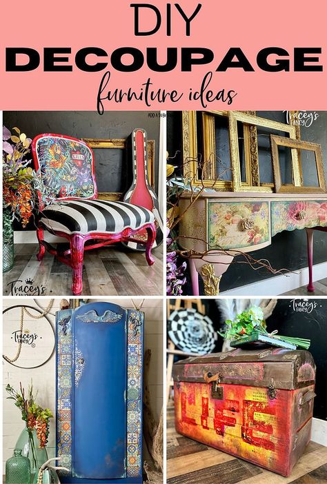 Vanities Desks, Decoupage Furniture Ideas, Diy Decoupage Furniture, Mixed Media Furniture, Decoupage Desk, Decoupage Coffee Table, Decoupage Chair, Using Rice Paper, Boho Hippie Home