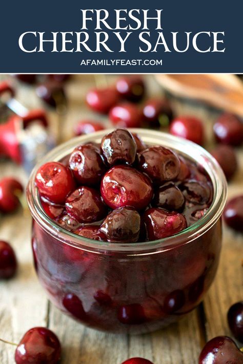 I love super simple recipes like this Fresh Cherry Sauce! It takes just minutes to prepare – but it’s so delicious your family and guests will think that you slaved over a hot stove making it just for them! #cherrysauce #cherries Cherry Sauce Recipe, Dessert Fruits, Feast Recipes, Pickled Cherries, Sweet Sauces, Cherry Compote, Cherry Sauce, Fruit Sauce, Fresh Cherry