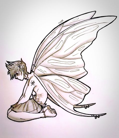 Fairy boy Male Fairy Tattoo, Fairy Boy Art, Dnd Spellbook, Faerie Tattoo, Elf Tattoo, Boy Fairy, Fairy Sketch, Fairy Pin, Male Fairy