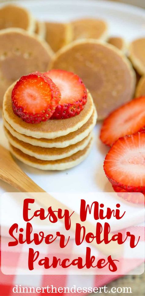 Mini Pancakes, sometimes called Silver Dollar are the easiest quickest little pancake bites that are perfect for parties, brunches, kids and pancake kabobs! dinnerthendessert.com Girls Brunch Party, Bridal Brunch Food, Silver Dollar Pancakes, Pancake Bites, Girls Brunch, Mini Pancakes, Breakfast Bites, Savory Cakes, Easy Brunch