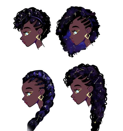 Black Women Hairstyles Drawing Reference, Black Braids Drawing Reference, Poc Hair Reference, Hairstyles For Medium Length Hair Drawing, 3b Hair Drawing, 50s Hair Black Women, Braiding Hair Reference Pose, Box Braids Drawing Reference, Anime Black Hairstyles